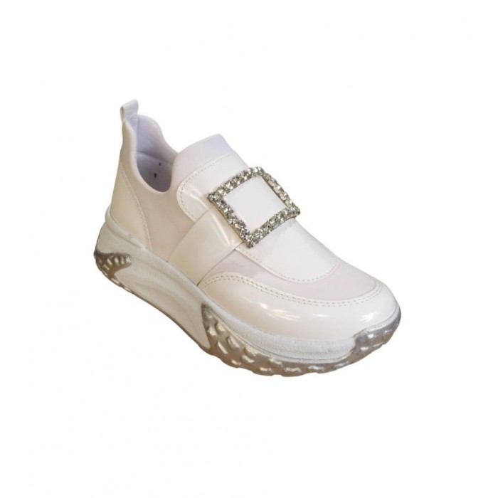 YAZKIŞ Kadın Beyaz Cilt Üzeri Taş Tokalı Streç Kumaş 5cm Kalın Taban Fashıon Spor Ayakkabı