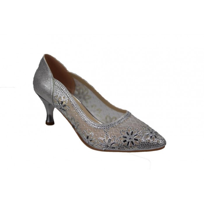 YAZKIŞ Kadın Platin Gümüş Altın 6cm Topuklu Tüllü Taşlı Düğün Nişan Mezuniyet Ayakkabı