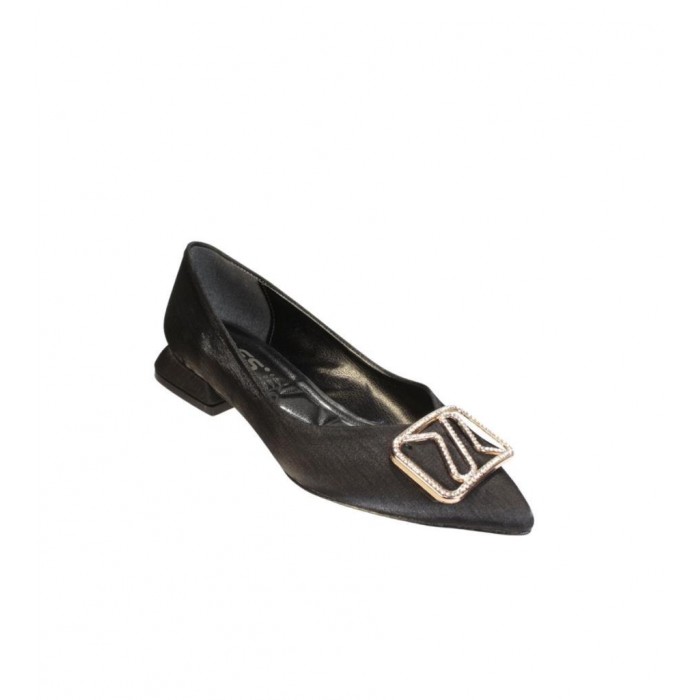 YAZKIŞ Kadın Siyah Altın Parlak Saten Üzeri Tokalı Babet