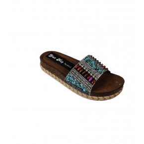 YAZKIŞ Kadın Siyah Altın Üzeri Boncuk Taşlı 4cm Kalın Taban Tabanı Sargı Mantar taban Terlik