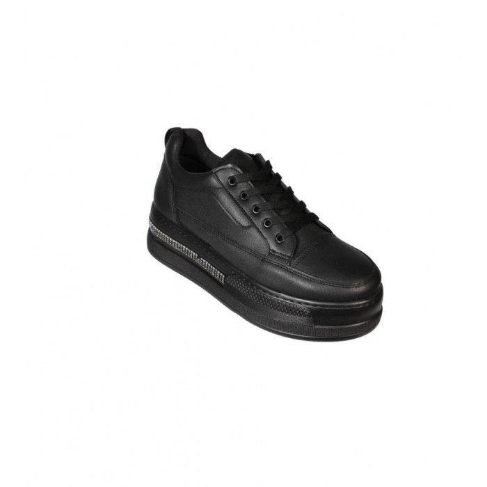 YAZKIŞ Kadın Siyah Beyaz Cilt 5cm Kalın Taban Bağcıklı Tabanı Taşlı Sneaker Spor Ayakkabı