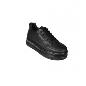 YAZKIŞ Kadın Siyah Beyaz Cilt 5cm Kalın Taban Bağcıklı Tabanı Taşlı Sneaker Spor Ayakkabı
