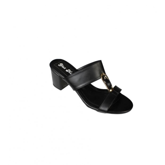 YAZKIŞ Kadın Siyah Beyaz Cilt antlı Üzeri Altın kemer Tokalı 5cm kalın taban terlik