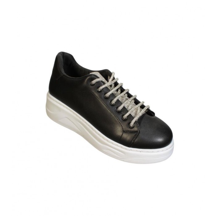 YAZKIŞ Kadın Siyah Beyaz Cilt Bağcıkları Dili  Taşlı 5cm Kalın Taban Fashıon Spor Ayakkabı