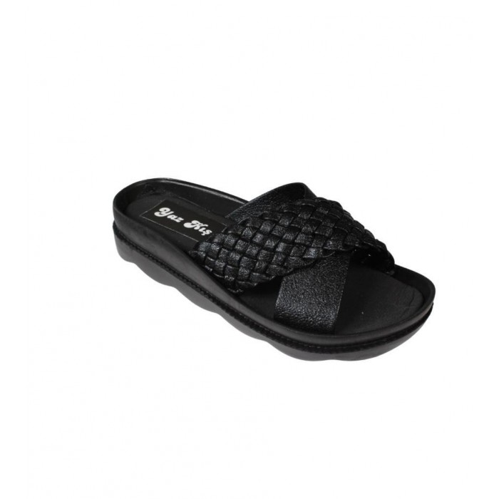 YAZKIŞ Kadın Siyah Cilt Çapraz Örgü Düz Taban Terlik