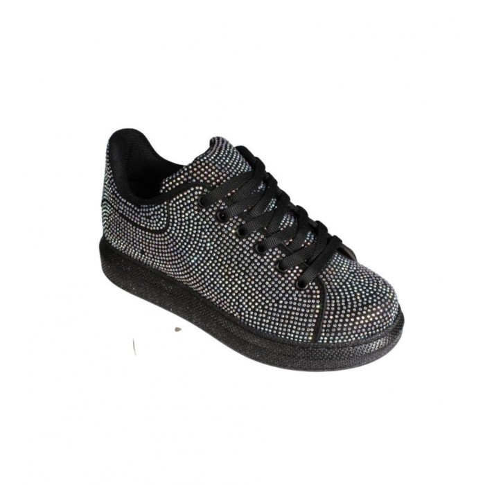 YAZKIŞ Kadın Siyah Cilt Her Yanı Taşlı Tabanı simli Fashıon Günlük Spor Ayakkabı