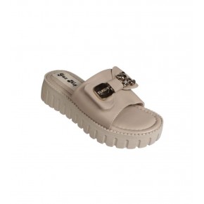 YAZKIŞ Kadın Siyah Krem Üzeri Fiyonk Tokalı 5cm Kalın Düz Taban Terlik