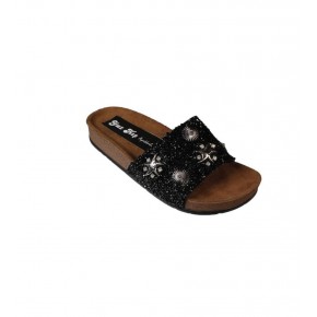YAZKIŞ Kadın Siyah  PLATİN Üzeri Deniz Kabuğu Taşlı Simli Düz Taban Terlik