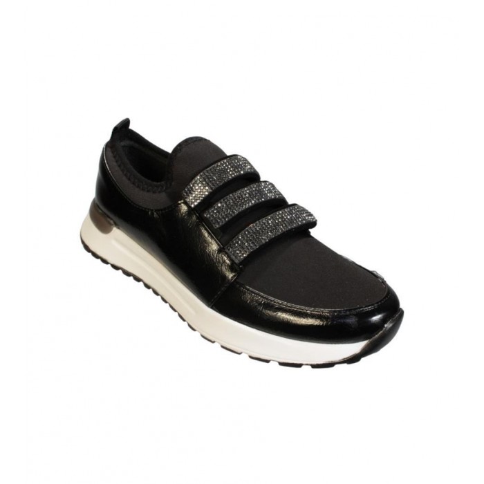 YAZKIŞ Kadın Siyah Rugan üzeri Streç Üç Bant Taşlı Ortopedi Taban Fashıon Spor Ayakkabı