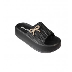 YAZKIŞ Kadın Siyah Ten Beyaz Üstü Tokalı 6cm Kalın Taban Eva Terlik